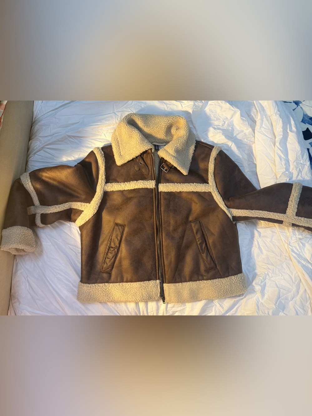 Women's Brown Shearling-Trim Aviator Jacket - Picture 6 of 14
